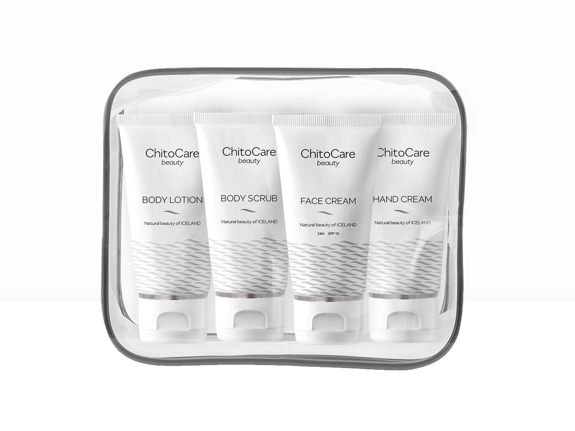 Image of ChitoCare Beauty Travel Kit, containing four 50ml tubes with body scrub, body lotion, hand cream and face cream.