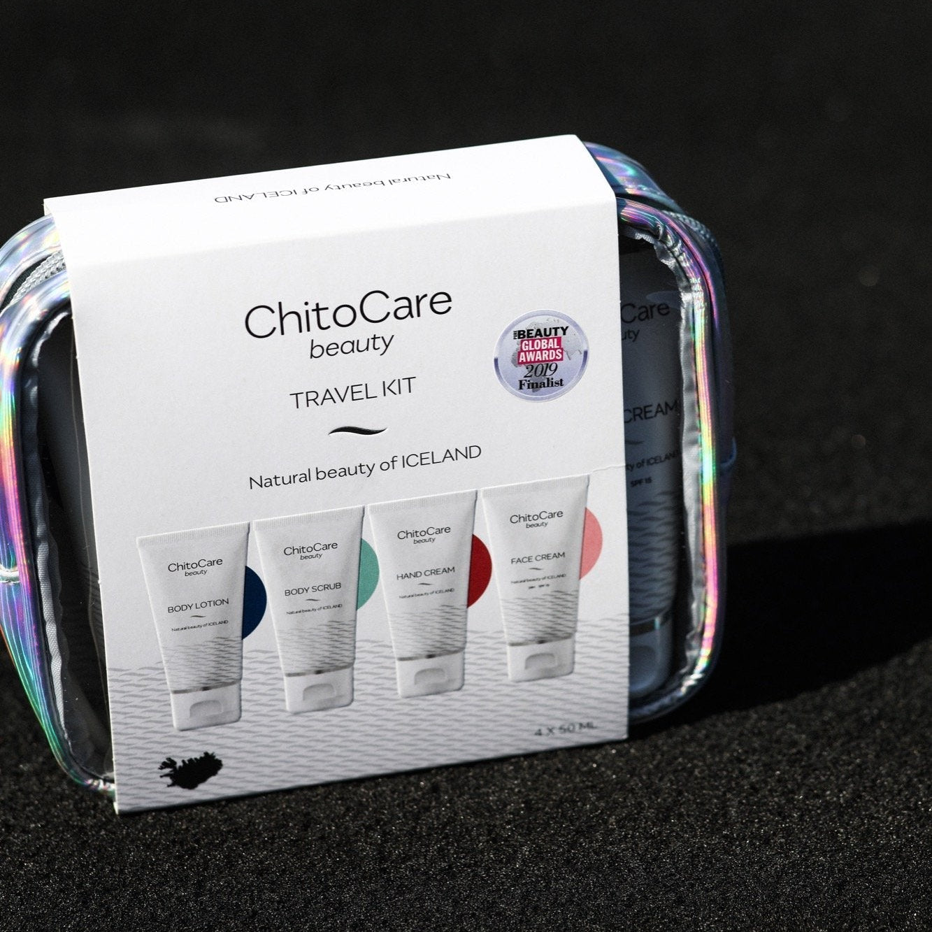 Image of ChitoCare Beauty Travel Kit, containing four 50ml tubes with body scrub, body lotion, hand cream and face cream.
