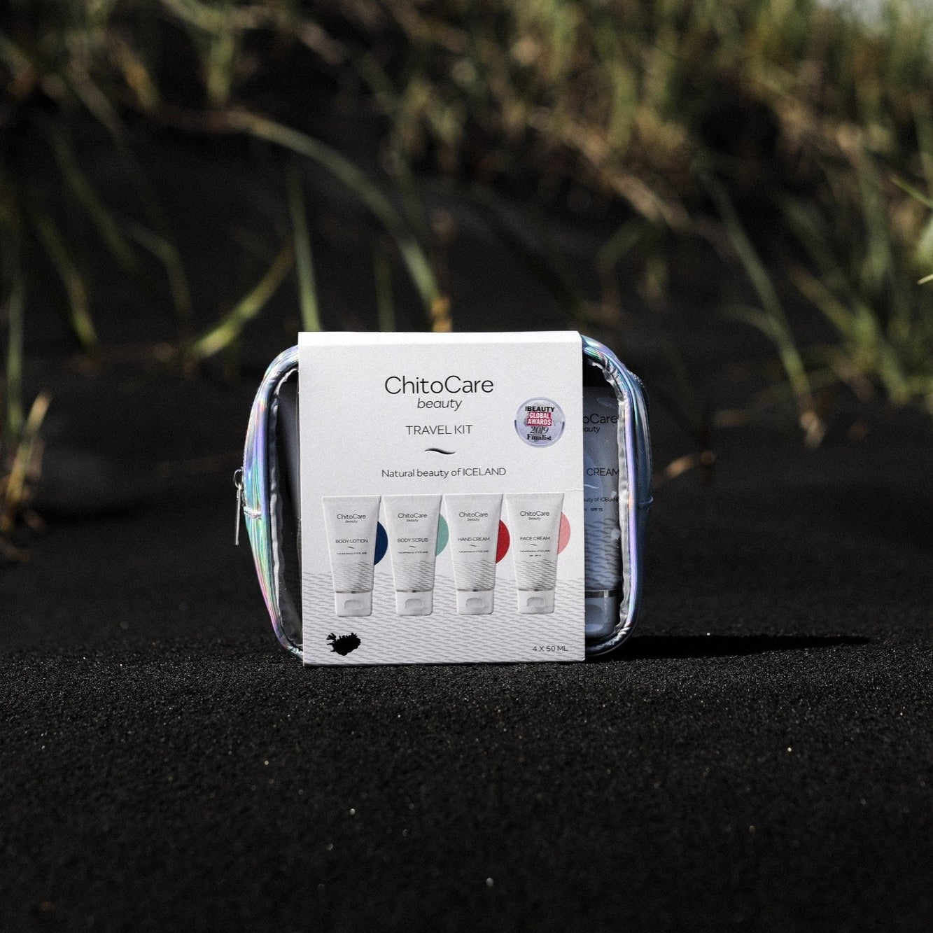 Image of ChitoCare Beauty Travel Kit, containing four 50ml tubes with body scrub, body lotion, hand cream and face cream.