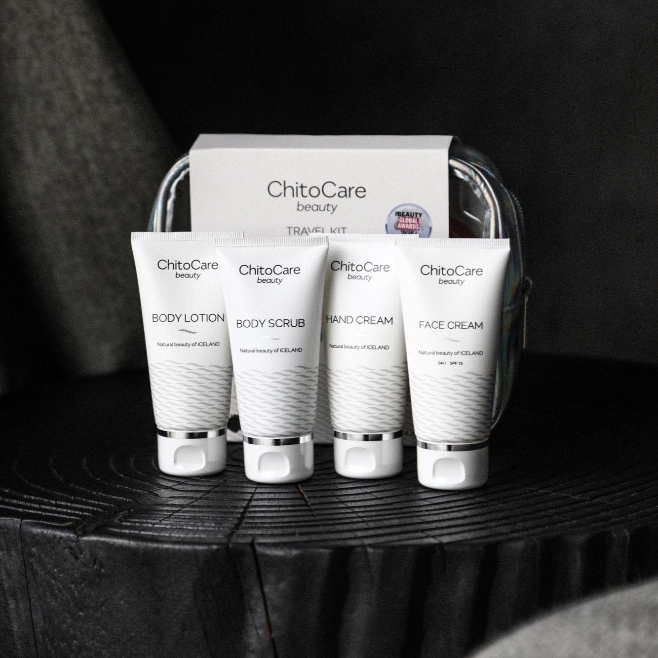 Image of ChitoCare Beauty Travel Kit, containing four 50ml tubes with body scrub, body lotion, hand cream and face cream.